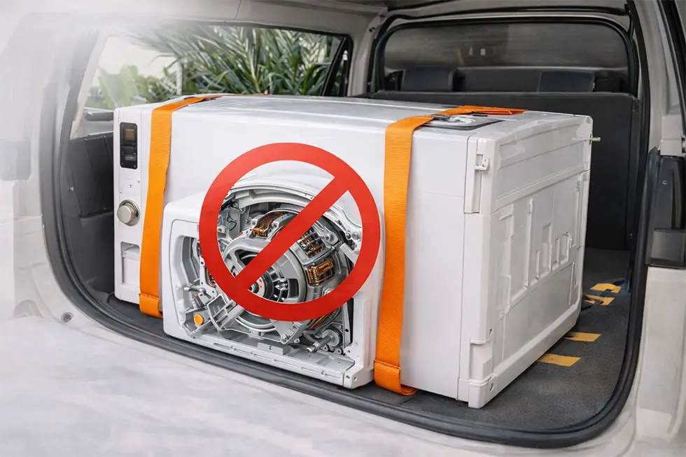 riscos de transportar máquina de lavar deitada
